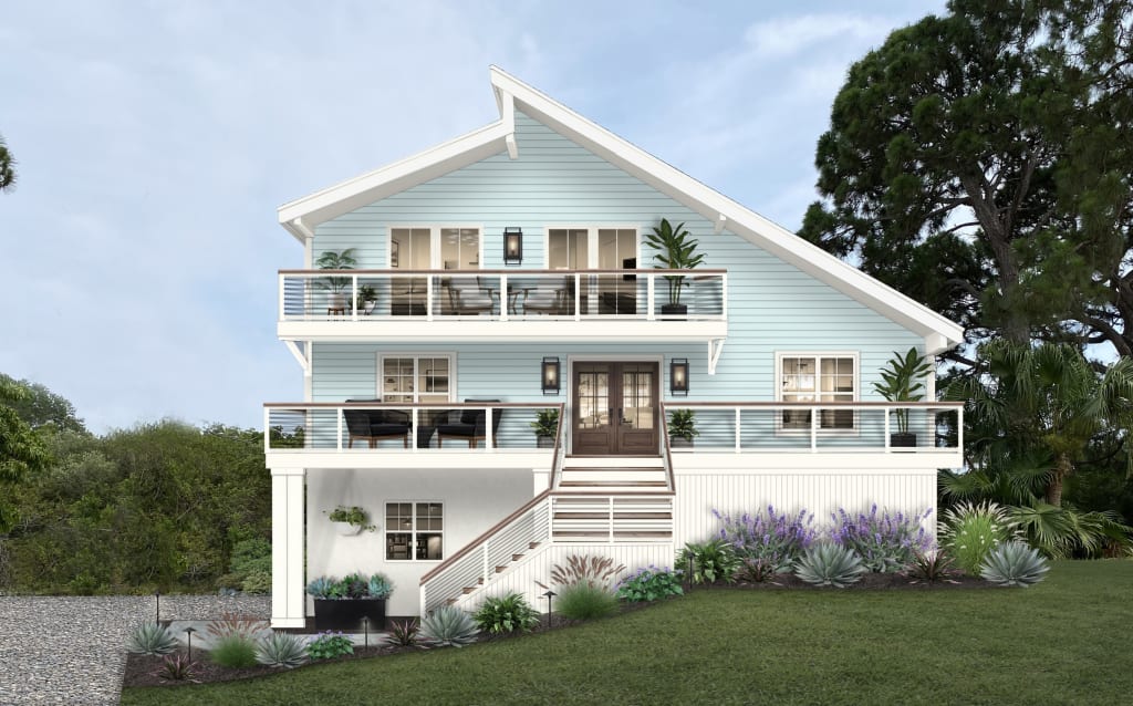 coastal modern home with sky blue siding and white trim