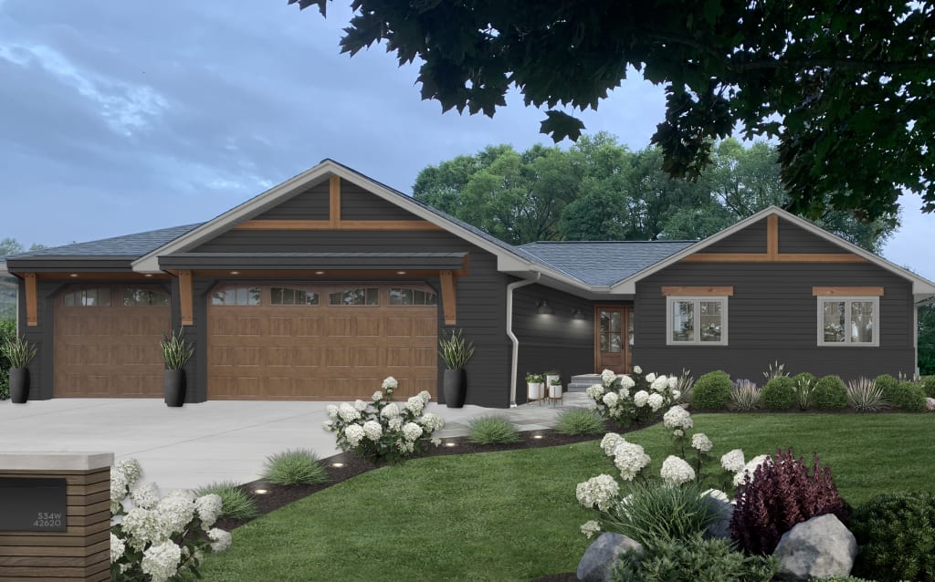 A rendering of a home with wood garage doors