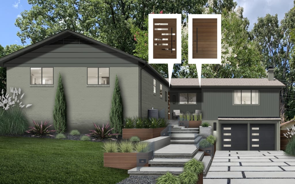Digital rendering of a home exterior with two modern house colors.