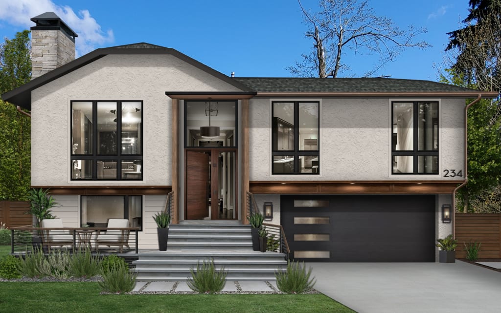 rendering of a home with greige stucco and wood accents