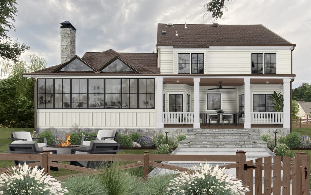 A rendering of the back of a home featuring a small deck