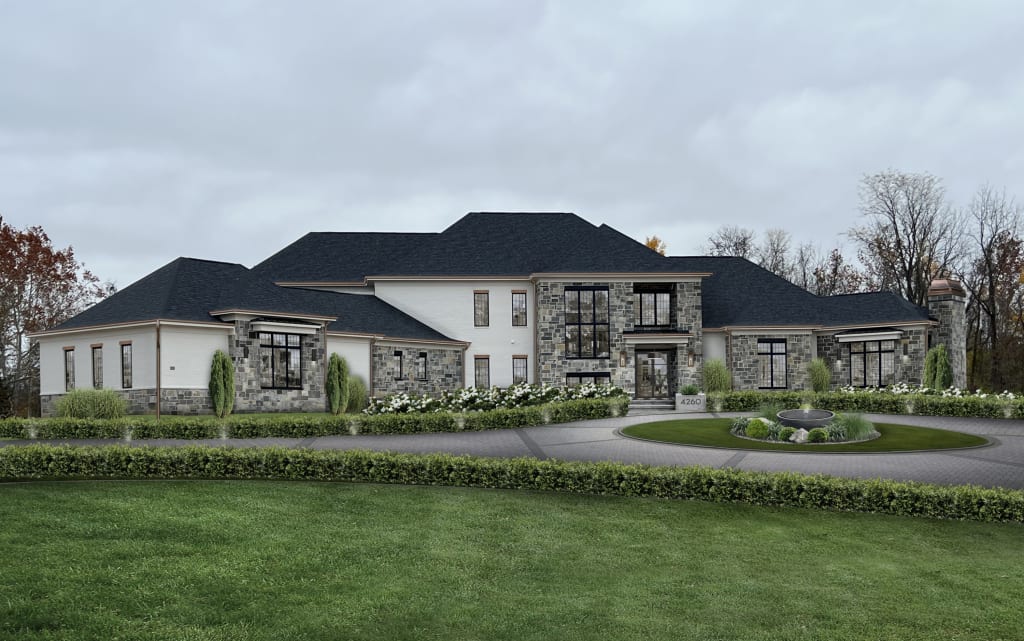 A rendering of a home with some of brick&batten's favorite driveway landscape ideas implemented
