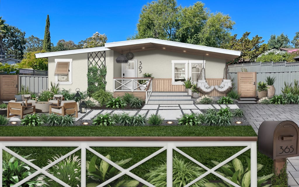 one story, mid-century modern home with organic and natural materials throughout, porch swings, lush landscaping, and light wood lap