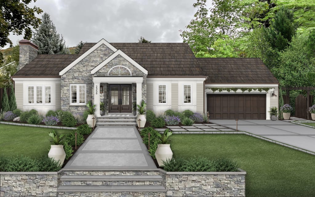 Rendering showcasing a garage door pergola with ivy