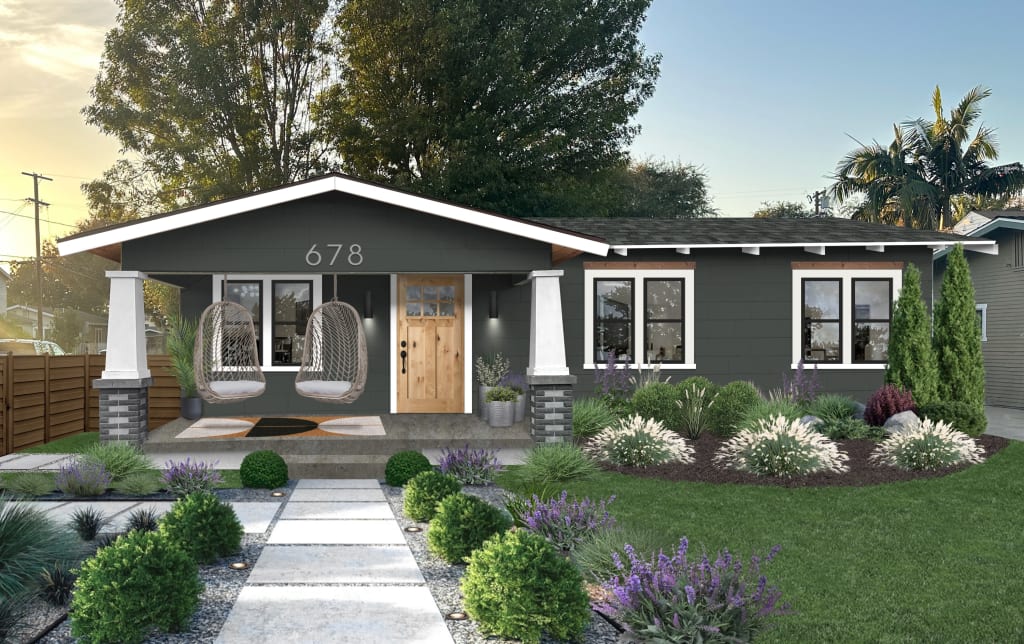 A rendering of a home with one of brick&batten's favorite Home Depot exterior doors