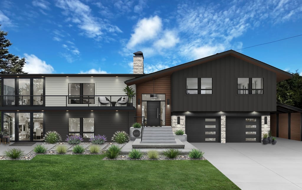 A rendering of a home with transom windows and sidelights