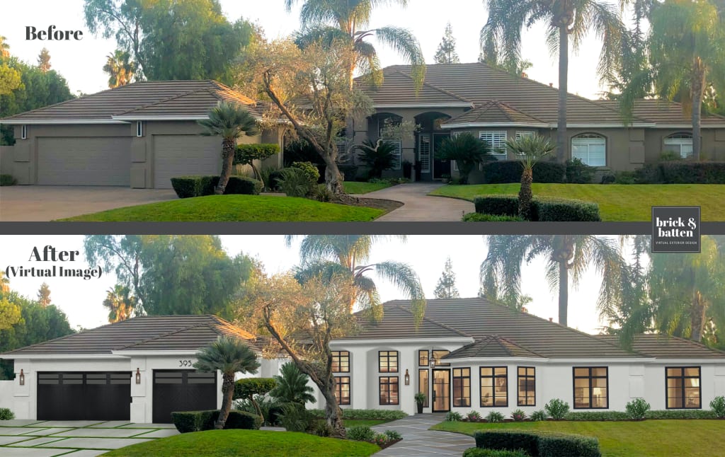 Before and after exterior view of a white stucco house