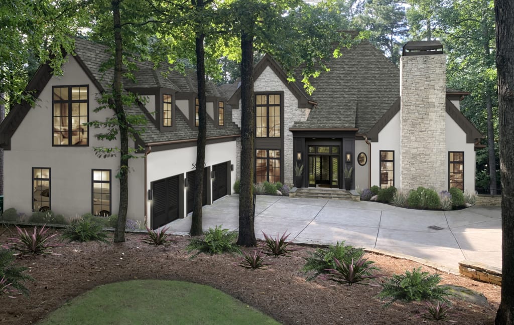Virtual exterior design of a large estate home rendered in Alabaster with pronounced Urbane Bronze accents