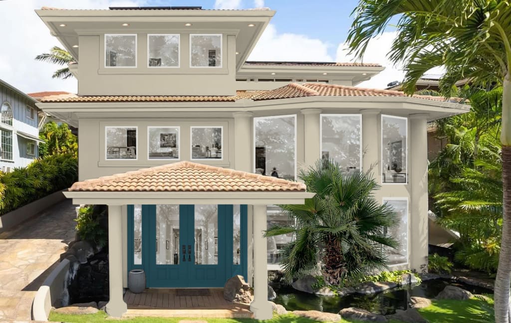 Coastal home with bright blue front doors, white windows, and clay roof tiles.