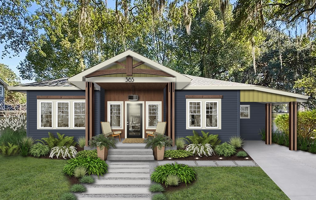 navy house with green accents