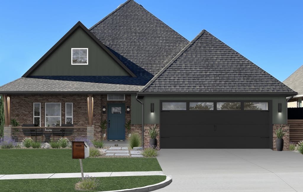 Photorealistic home rendering with brick and forest green siding.