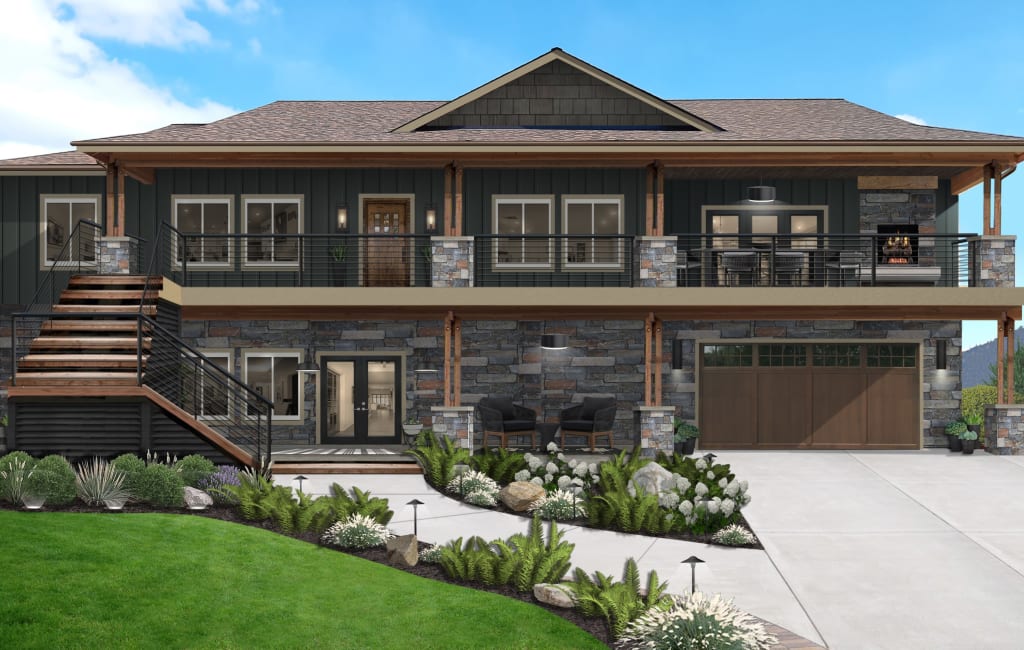 A two-story home with dark stone siding