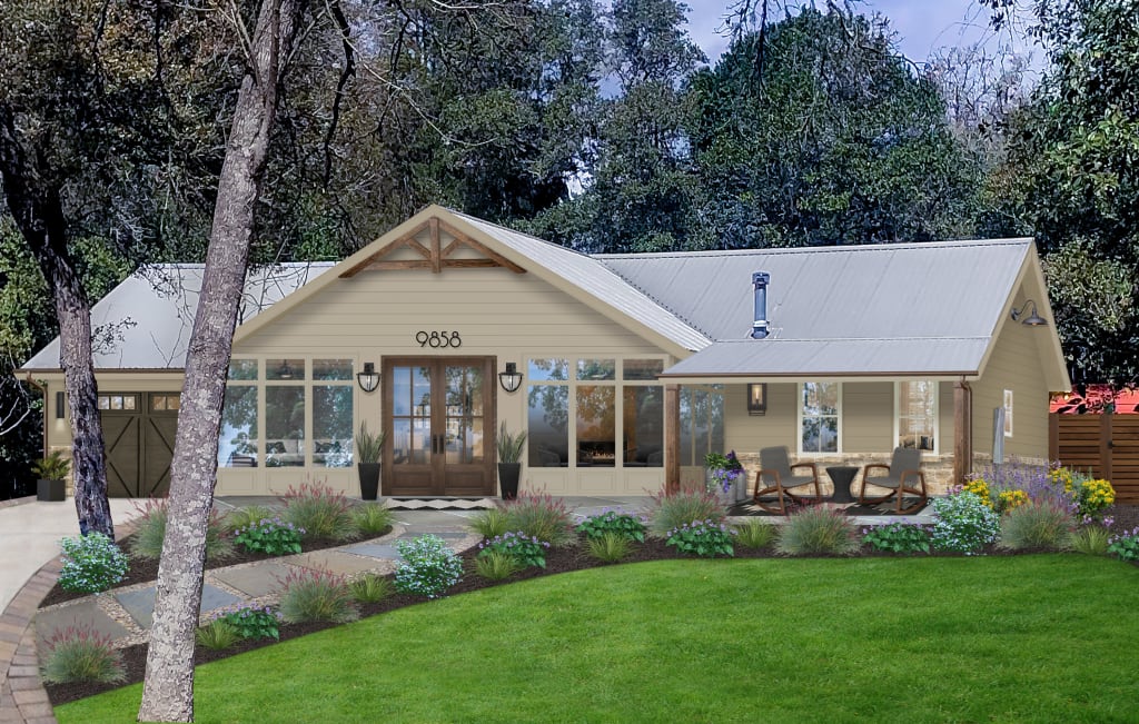 Home rendered with siding in Sherwin Williams' Universal Khaki