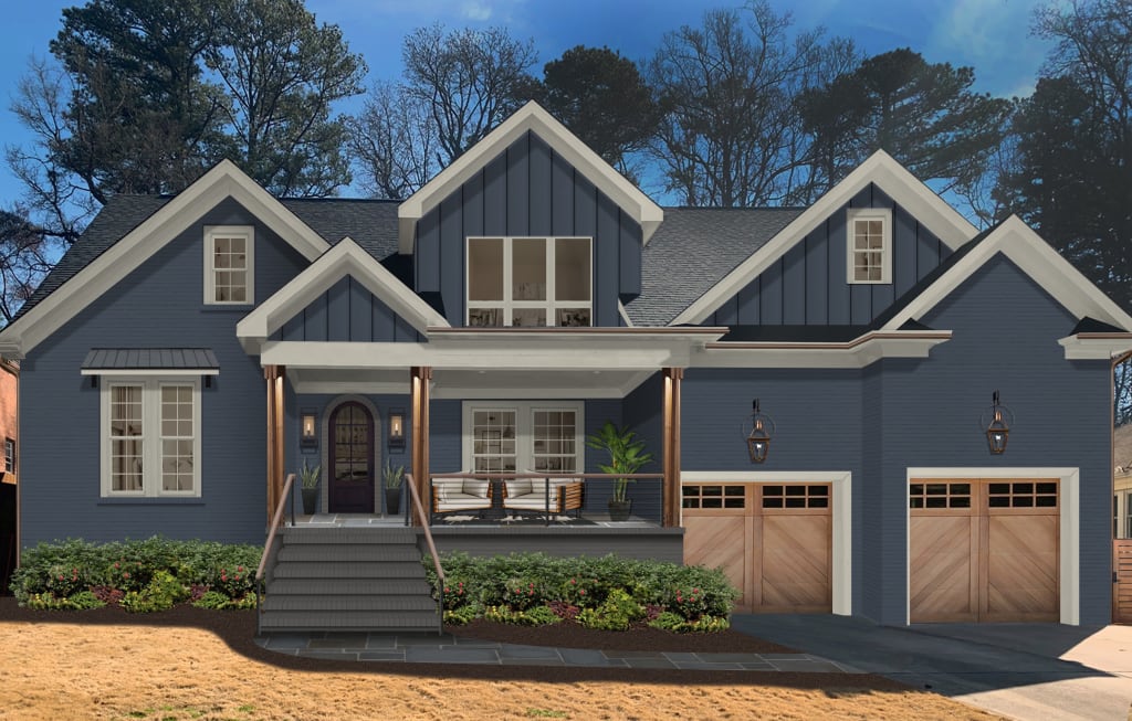 Virtual exterior design of a transitional Craftsman-style home with brick and siding painted in Hale Navy