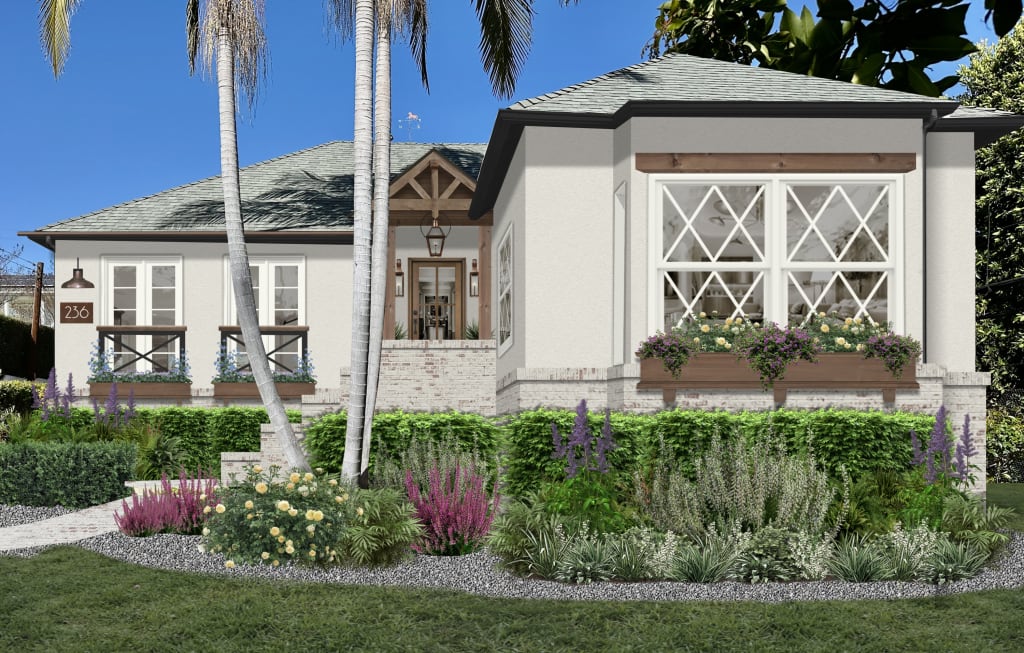Light and airy cottage with wood accents rendered in Shell White by Sherwin Williams