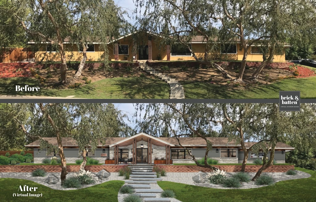 In the before image, the rambler house has yellowish siding and beige trim. The home as a number of trees in front. In the after image, the home feels fresher with medium gray siding and creamish gray trim. There are also stones in the front, opening up the space despite the trees.