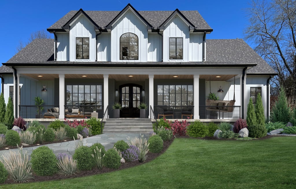 Virtual rendering of a farmhouse with black windows, a large front porch, and stone walkway.