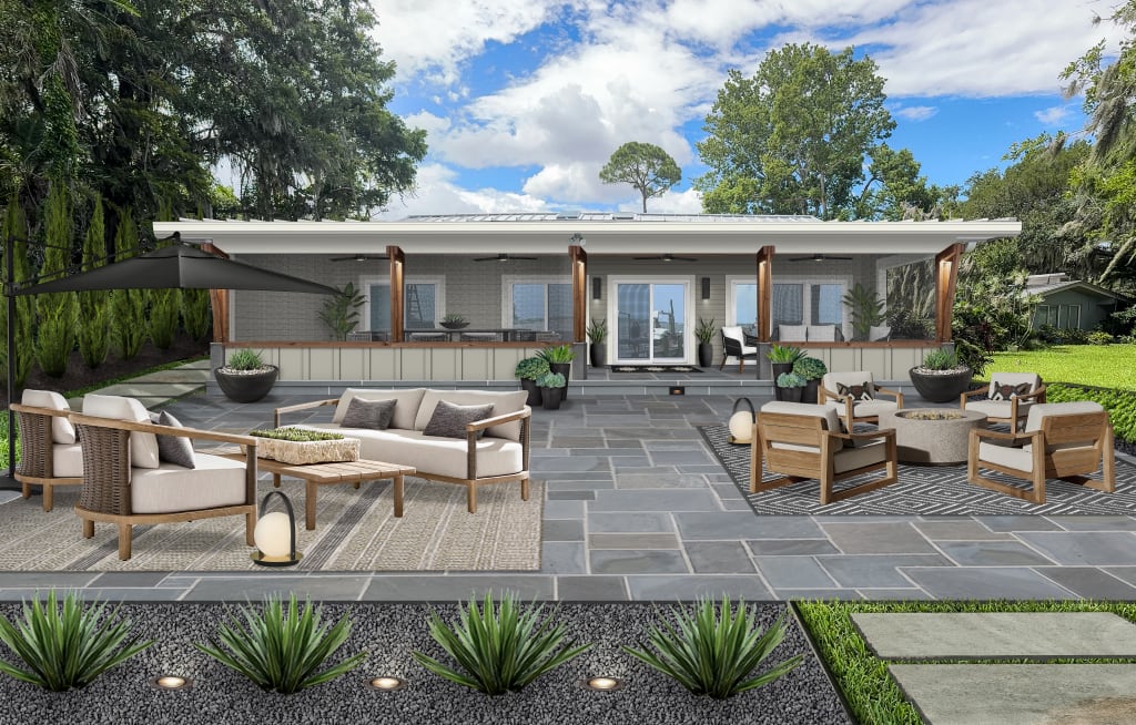 A home using low-maintenance backyard landscaping ideas, created by brick&batten.