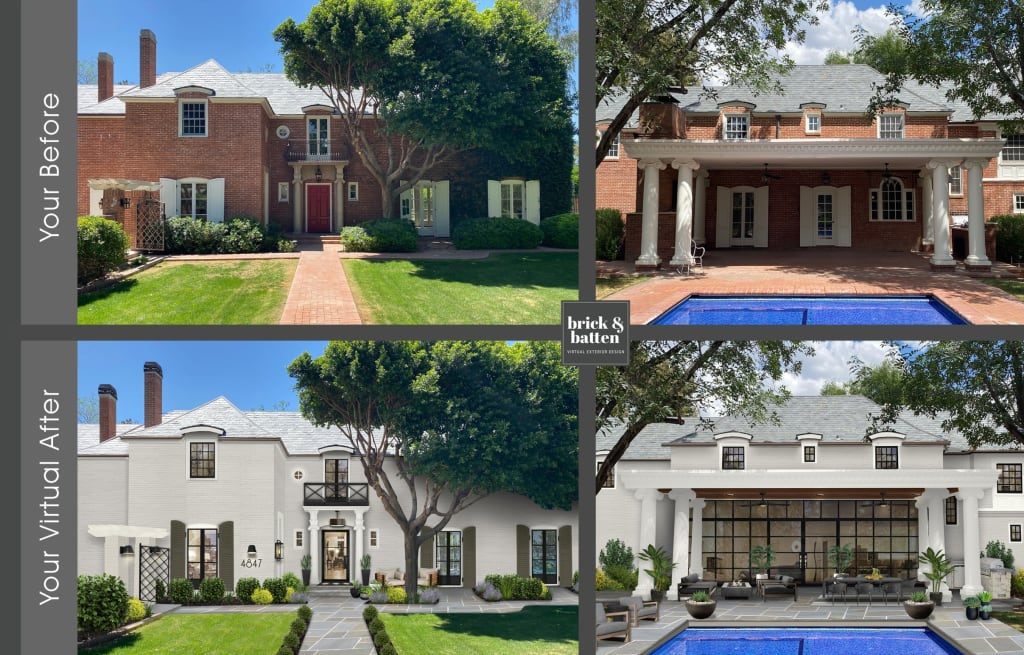 before and after of the front and back of a spanish style brick home with a large lawn and pool