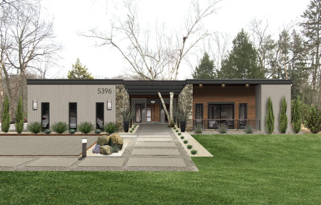 midcentury modern contemporary ranch with flat roof, stone and large windows