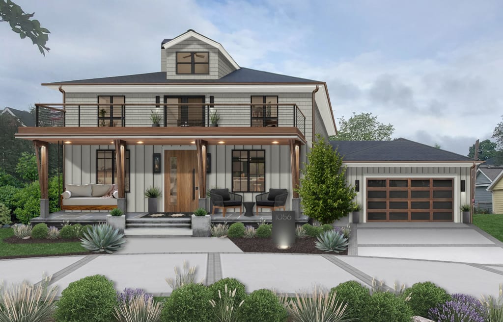 One of the best Benjamin Moore exterior paint color for 2024, Gray Huskie on a two-story modern farmhouse.