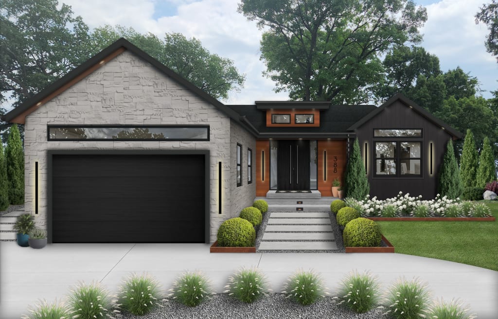modern black house with stone and wood elements