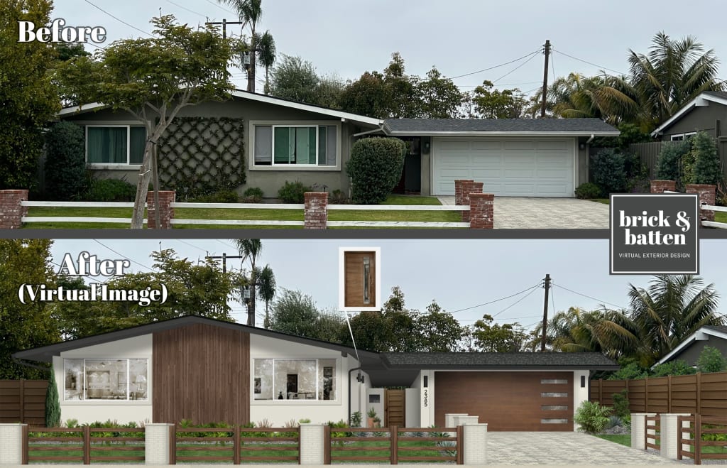 A before and virtual after of a home with a section of exterior wood siding