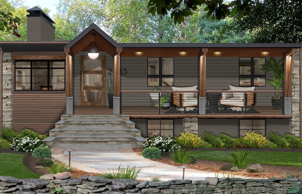 A home rendering featuring Benjamin Moore’s Deep Creek exterior paint color