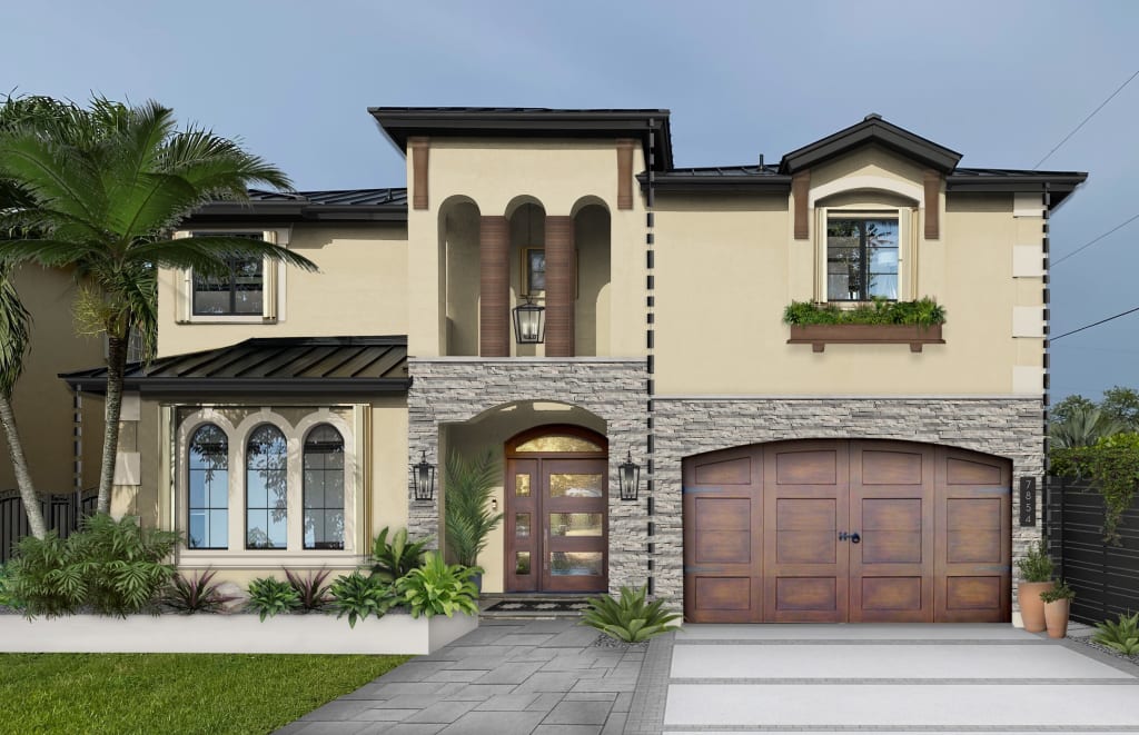 A home rendering featuring quoins, stone, and wood accents