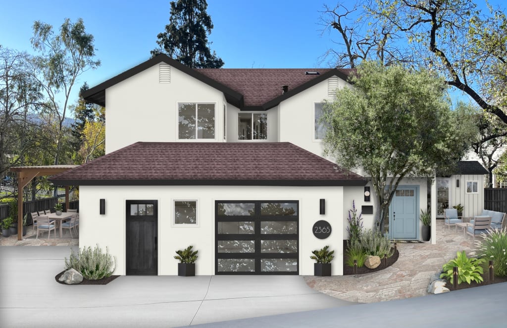house with white stucco and siding and a dusty blue front door