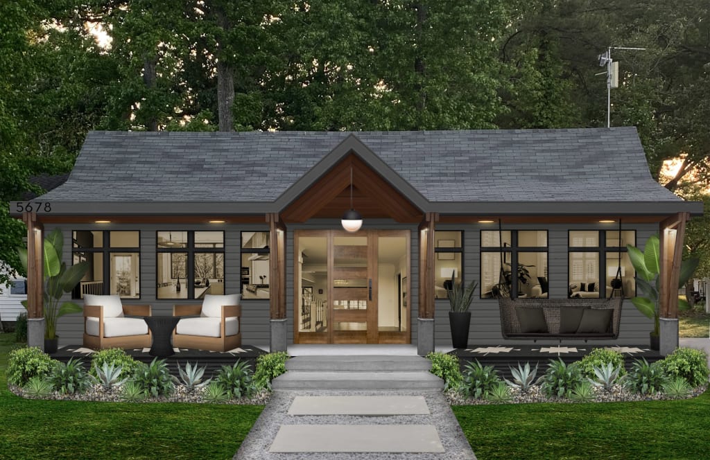 small modern rustic house painted in iron mountain with porch seating and open entryway