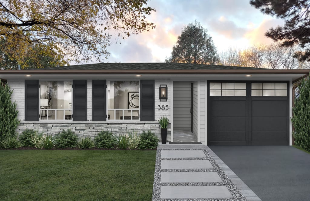 Rendering of a home with an enclosed carport and separate entrances to home and garage