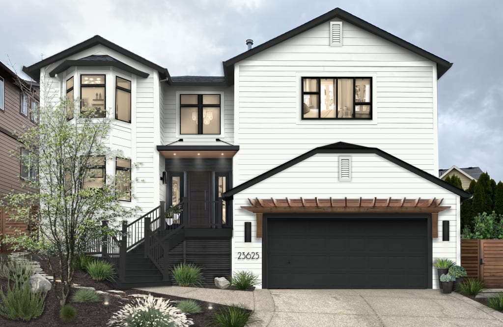 Two-story transitional-style home rendered in Chantilly Lace Benjamin Moore with black accents