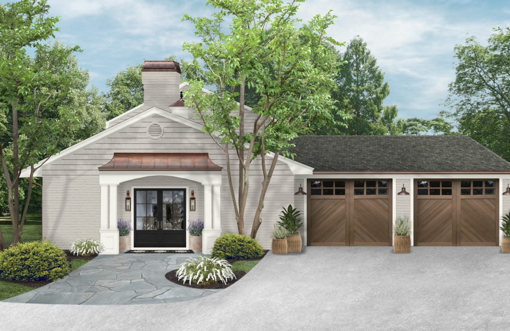 Rendering of a building exterior with copper awnings.