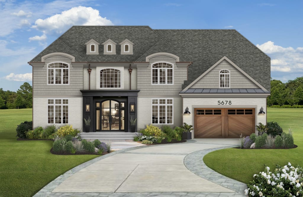 Exterior design of a home rendered from an elevation, with siding in Rockport Gray and brick in Aloof Gray