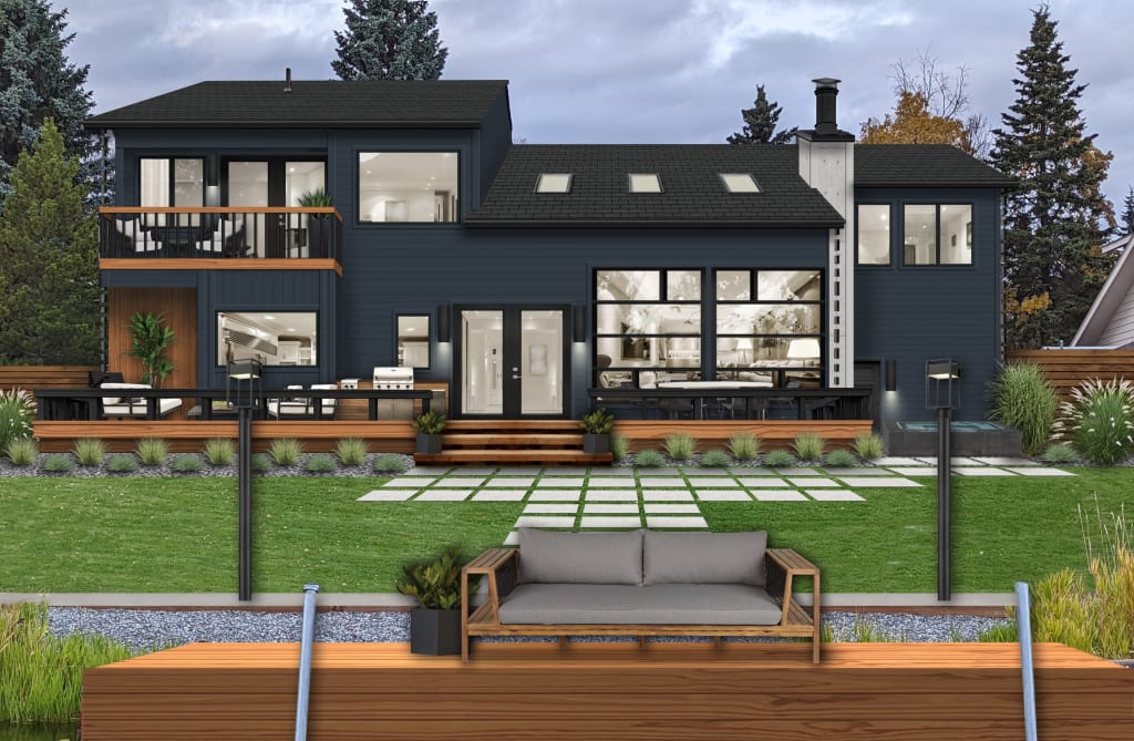 modern home with dark navy siding with wood and black accents
