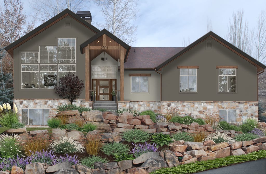 house with earth tone painted stucco and natural stone skirting