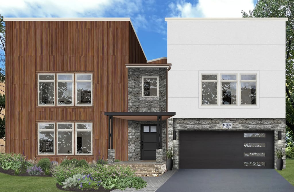Photorealistic home exterior rendering with wood, stone, and white siding.
