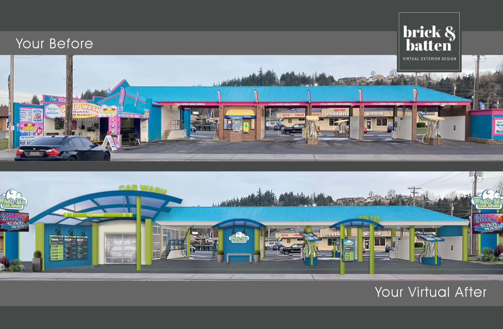 Before and after of a redesigned car wash