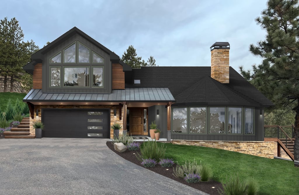 A rendering of a modern mountain home