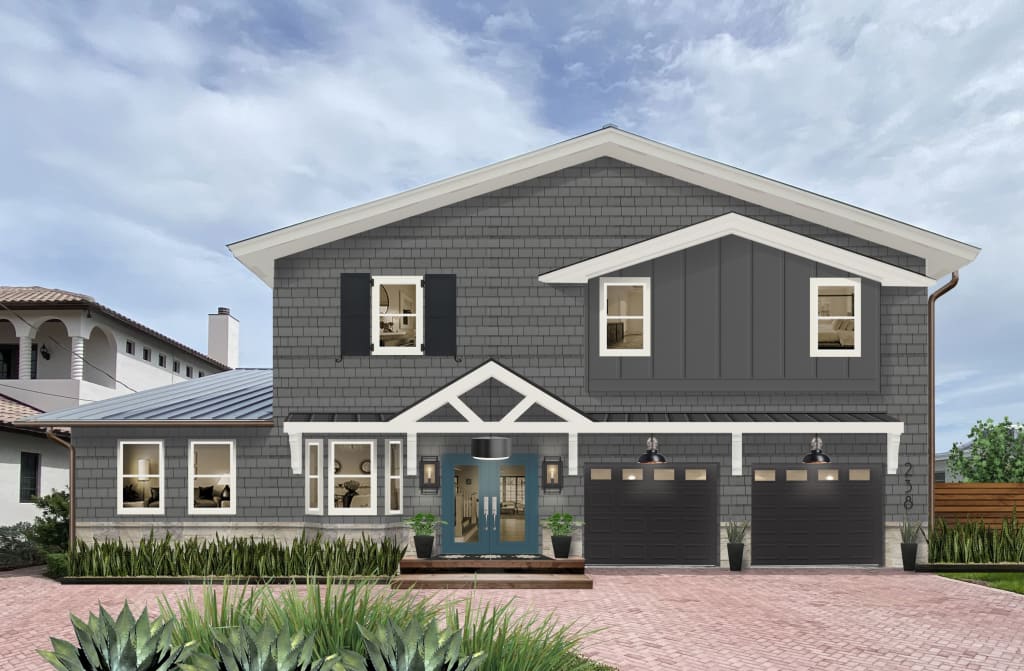 Virtual exterior design of a home rendered in gray with white trim