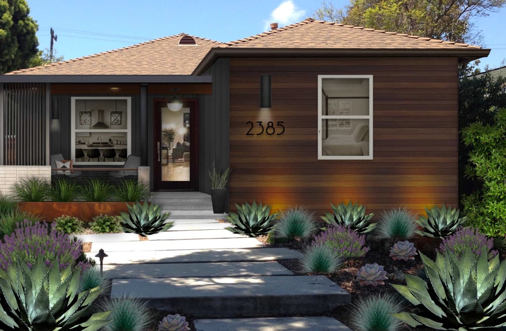 small ranch with wood siding and black beauty paint color