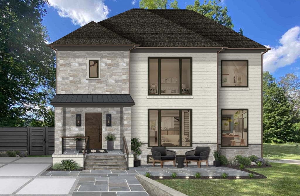A brick and stone home exterior rendering