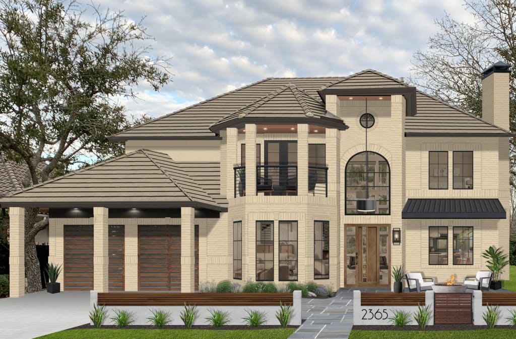 A large brick home with a chimney