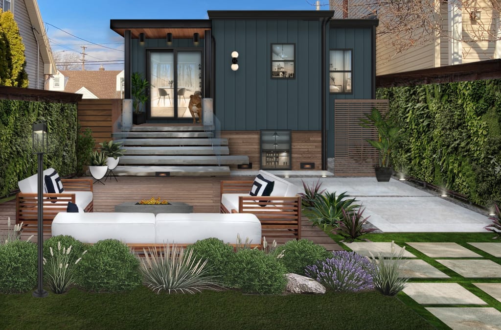 modern home with navy blue house siding and dark accents