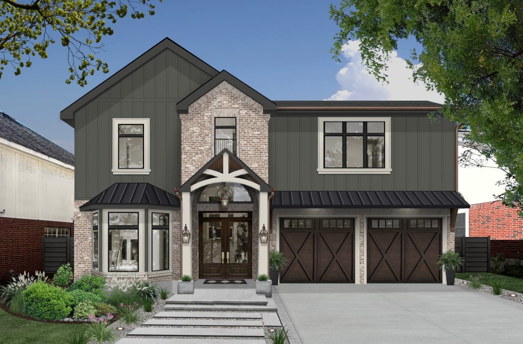 house with olive siding, brick, and glass front door