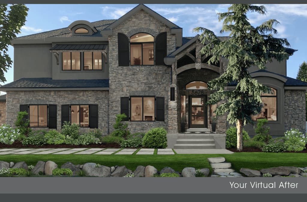 Exterior design of a stone and siding home with a statement entryway and porch