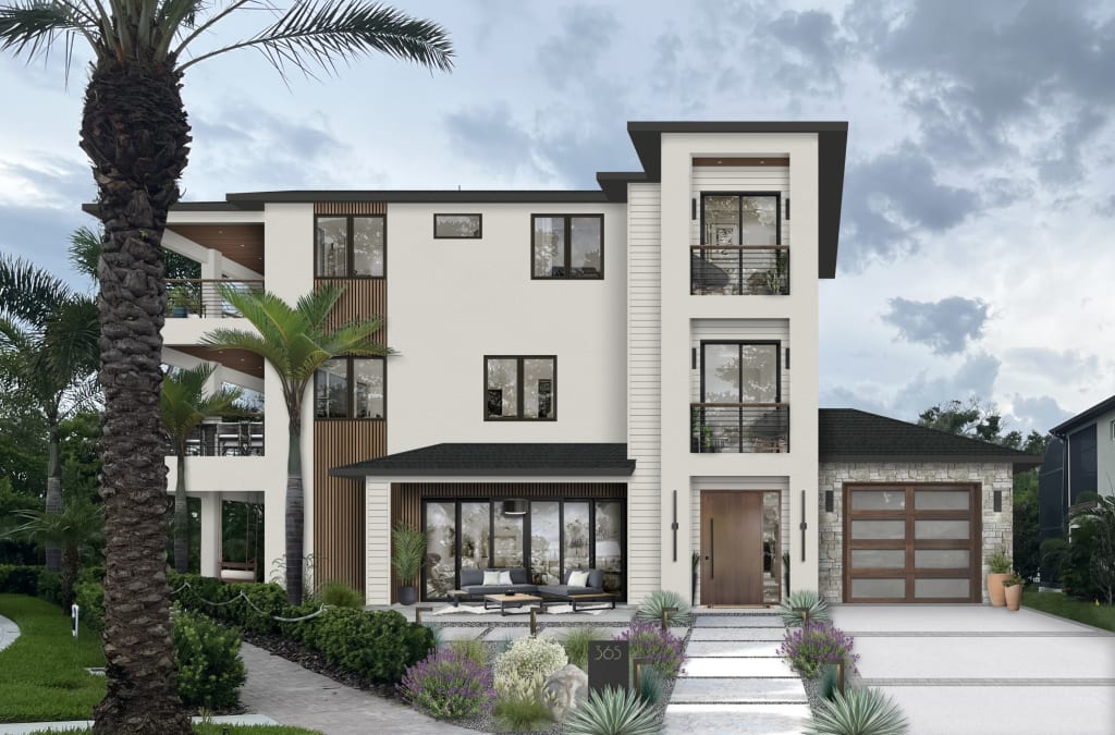 A rendering of a home exterior with lots of landscaping