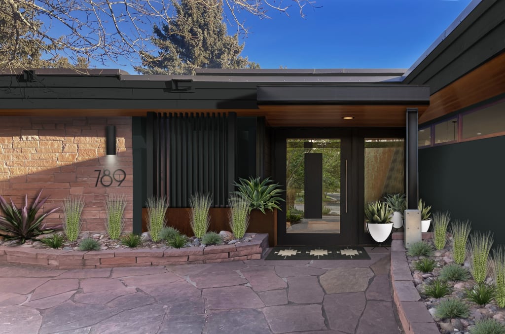 Black Forest Green and Black next to brick and stone on a mid-century modern home rendering
