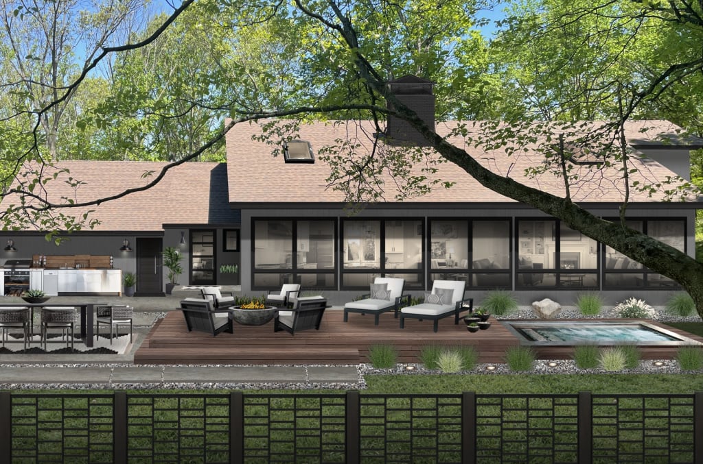 Exterior rear view of a mid-century modern home with small deck and pool